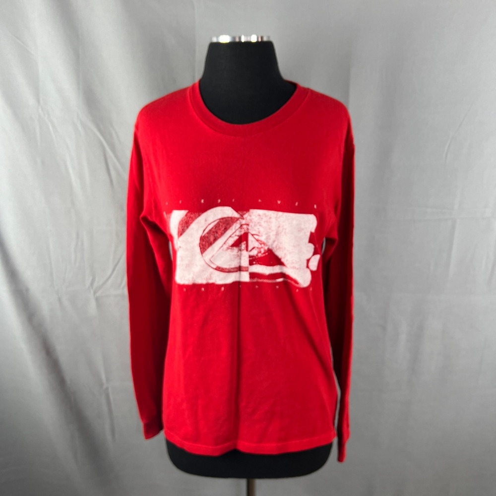 Quiksilver Shirt Womens Small Vibrant Red Box Graphic Logo Ribbed Crew Neck